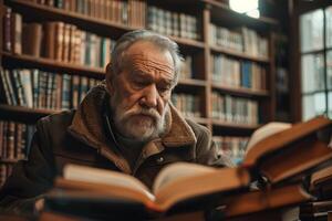 An old man reading a book in a library photo