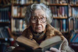 An old woman with glasses reading a book photo