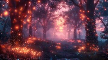 A forest with fireflies and trees at dusk photo