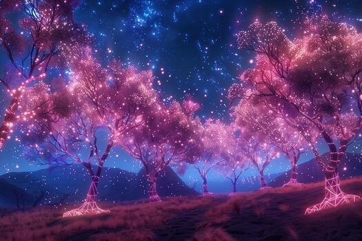 A forest with pink trees and stars photo