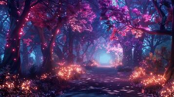 A path through a forest with pink trees and lights photo