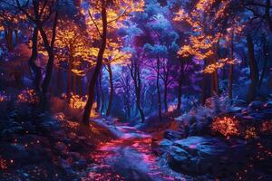A forest with colorful lights and trees photo