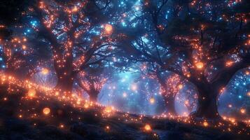 An image of a forest with fireflies photo