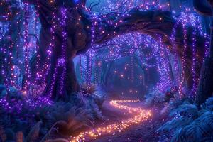 A path through a forest with purple lights photo