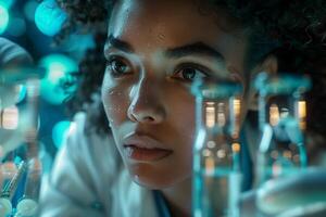 A woman in a lab coat looking at test tubes photo