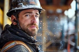A man in a hard hat and jacket standing in front of a construction site photo