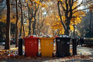 Three trash cans are sitting on the ground photo