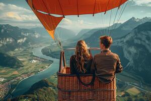 Couple in a basket on a hot air balloon photo