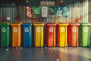 A row of colorful recycling bins in a room photo