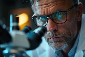 A man in a lab coat looking through a microscope photo
