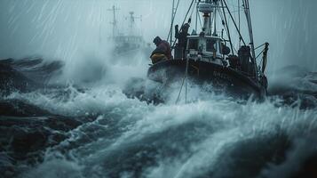 A boat in rough water with a man on it photo