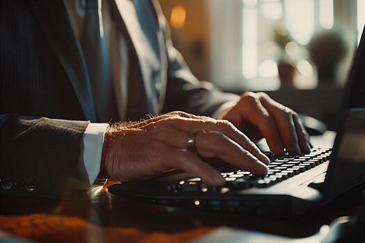 A man in a suit is typing on a laptop photo
