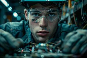 A young man in a hard hat and glasses working on a computer photo