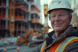 A man wearing a hard hat and glasses standing in front of a construction site photo