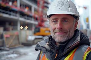 A man in a hard hat and safety vest standing in front of a construction site photo