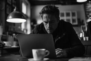 A man is sitting at a table with a laptop photo
