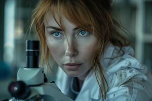 A woman in a lab coat looking through a microscope photo