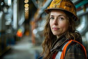 A woman in a hard hat standing in a factory photo
