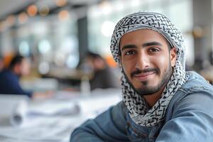 A man wearing a headscarf and a denim jacket photo