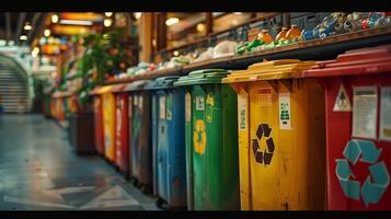 A row of colorful trash cans photo