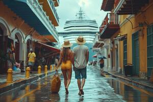Couple walking down a street with a cruise ship in the background photo
