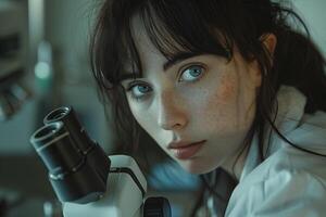 A woman in a lab coat looking through a microscope photo