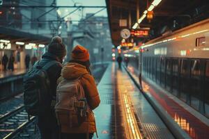Two people standing at the train station with a train photo