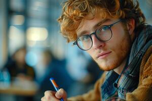A man with glasses and a pen in his hand photo