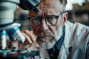 A man in glasses looking through a microscope photo