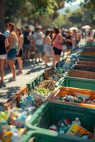 A group of people walking down a street with a lot of trash photo
