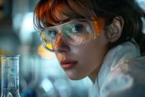 A woman in a lab coat and glasses looking at a test tube photo