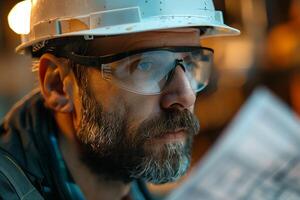 A man with glasses and a hard hat is looking at a paper photo
