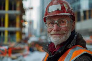 A man with glasses and a hard hat standing in front of a construction site photo