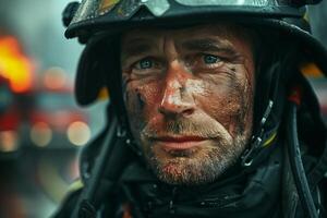 A close up of a firefighter with his face covered in mud photo
