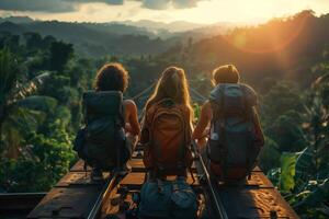 Three people with backpacks sitting on a train track photo