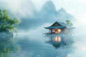 A house on the water with fog and mountains in the background photo