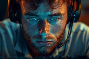 A man wearing headphones and looking at the camera photo