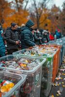 A group of people standing around a large container of food photo