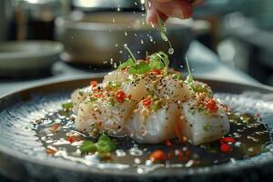 A person sprinkling salt on a dish of food photo