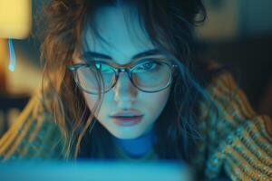 A woman wearing glasses and looking at a laptop photo