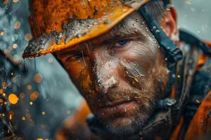 A man in an orange hard hat and helmet photo