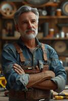 A man with a beard and a blue shirt standing in front of a workbench photo