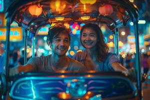 Couple riding in tuk tuk at night photo