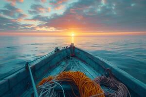 A boat with a rope and a net on the ocean photo