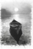 A black and white drawing of a boat on the water photo