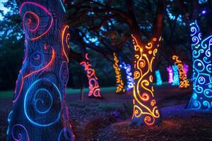 A group of trees with colorful lights on them photo