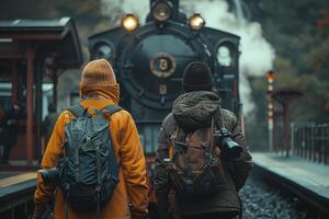 Two people standing next to a train with steam coming out of the engine photo