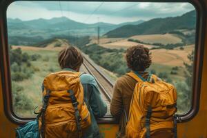 Two people with backpacks looking out of a train window photo