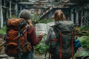 Two women with backpacks looking at a map photo