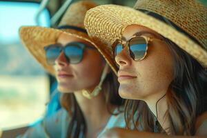 Two women wearing hats and sunglasses in a car photo